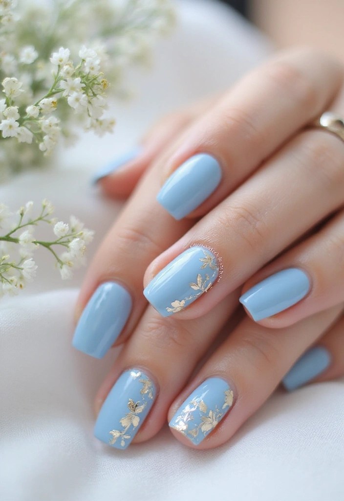 15 Pastel Spring Nails That Will Make You Want to Paint Your Tips Right Now! - 11. Baby Blue with Gold Leaf Accents